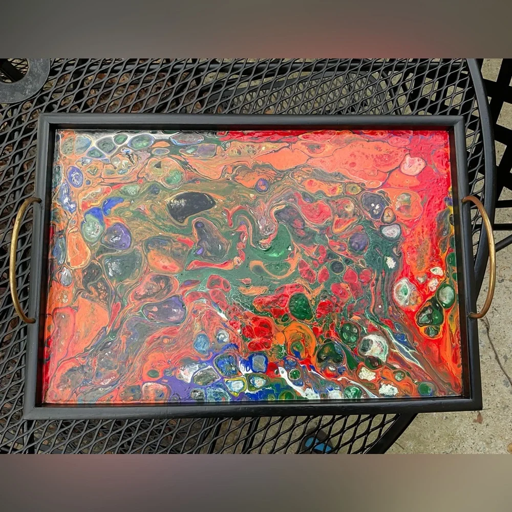 Gorgeous Handmade Original Colorfully Painted Wooden Brass Handle Serving Tray! - Picture 5 of 15